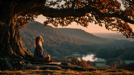 A peaceful moment of a person sitting quietly under a large tree with no devices, embracing nature. Ideal for wellness, mindfulness, and slow living themes.の写真素材