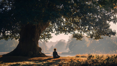 A peaceful moment of a person sitting quietly under a large tree with no devices, embracing nature....