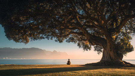 A peaceful moment of a person sitting quietly under a large tree with no devices, embracing nature....