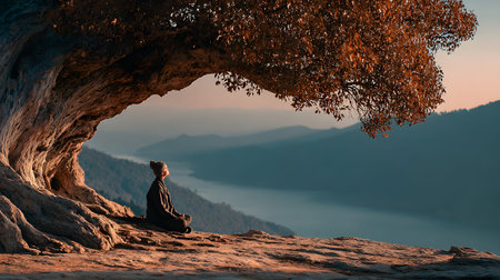 A peaceful moment of a person sitting quietly under a large tree with no devices, embracing nature....