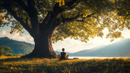 A peaceful moment of a person sitting quietly under a large tree with no devices, embracing nature. Ideal for wellness, mindfulness, and slow living themes.の写真素材