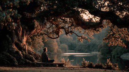 A peaceful moment of a person sitting quietly under a large tree with no devices, embracing nature. Ideal for wellness, mindfulness, and slow living themes.の写真素材