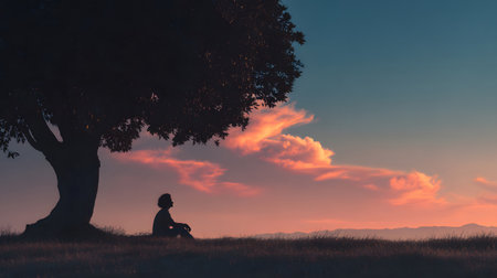 A peaceful moment of a person sitting quietly under a large tree with no devices, embracing nature. Ideal for wellness, mindfulness, and slow living themes.の写真素材