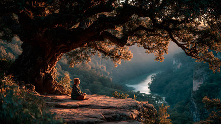 A peaceful moment of a person sitting quietly under a large tree with no devices, embracing nature. Ideal for wellness, mindfulness, and slow living themes.の写真素材