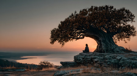A peaceful moment of a person sitting quietly under a large tree with no devices, embracing nature. Ideal for wellness, mindfulness, and slow living themes.の写真素材