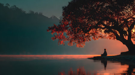 A peaceful moment of a person sitting quietly under a large tree with no devices, embracing nature. Ideal for wellness, mindfulness, and slow living themes.の写真素材