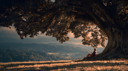 A peaceful moment of a person sitting quietly under a large tree with no devices, embracing nature. Ideal for wellness, mindfulness, and slow living themes.の写真素材