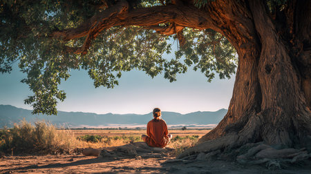 A peaceful moment of a person sitting quietly under a large tree with no devices, embracing nature. Ideal for wellness, mindfulness, and slow living themes.の写真素材