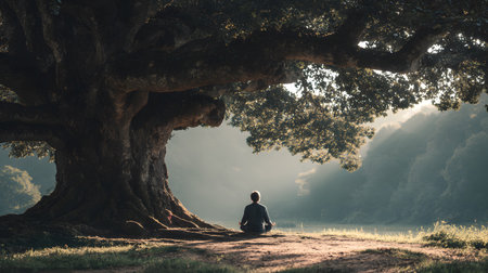 A peaceful moment of a person sitting quietly under a large tree with no devices, embracing nature. Ideal for wellness, mindfulness, and slow living themes.の写真素材