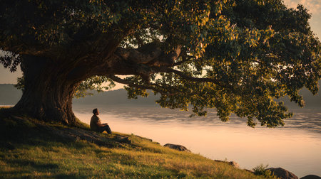 A peaceful moment of a person sitting quietly under a large tree with no devices, embracing nature....