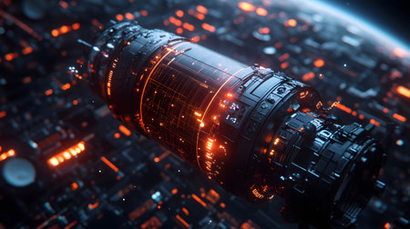 A futuristic satellite collecting climate data from Earth with glowing interface overlays. Perfect for science, tech, and environmental awareness content.の写真素材