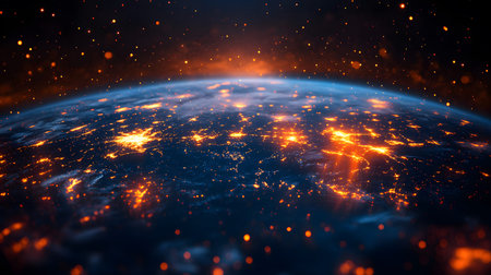 A futuristic satellite collecting climate data from Earth with glowing interface overlays. Perfect...