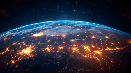A futuristic satellite collecting climate data from Earth with glowing interface overlays. Perfect...