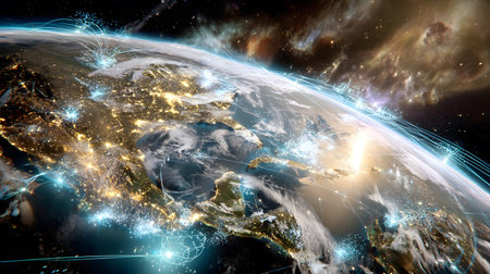 A futuristic satellite collecting climate data from Earth with glowing interface overlays. Perfect...