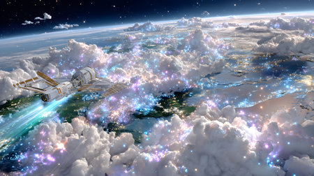 A futuristic satellite collecting climate data from Earth with glowing interface overlays. Perfect...