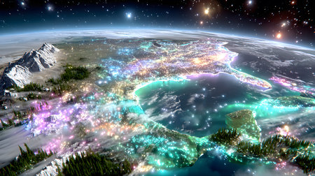A futuristic satellite collecting climate data from Earth with glowing interface overlays. Perfect...