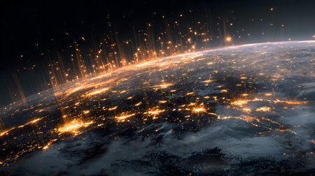 A futuristic satellite collecting climate data from Earth with glowing interface overlays. Perfect...