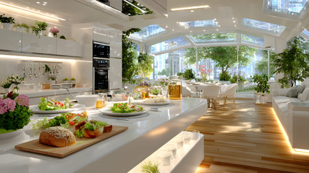 A modern AI-powered kitchen with robotic arms preparing meals in a clean and futuristic space. Ideal...