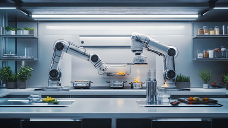A modern AI-powered kitchen with robotic arms preparing meals in a clean and futuristic space. Ideal for smart home, kitchen tech, and lifestyle content.の写真素材