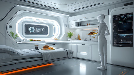 A modern AI-powered kitchen with robotic arms preparing meals in a clean and futuristic space. Ideal...