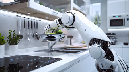 A modern AI-powered kitchen with robotic arms preparing meals in a clean and futuristic space. Ideal for smart home, kitchen tech, and lifestyle content.の写真素材