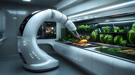 A modern AI-powered kitchen with robotic arms preparing meals in a clean and futuristic space. Ideal for smart home, kitchen tech, and lifestyle content.の写真素材