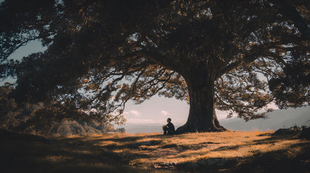 A peaceful moment of a person sitting quietly under a large tree with no devices, embracing nature. Ideal for wellness, mindfulness, and slow living themes.の写真素材
