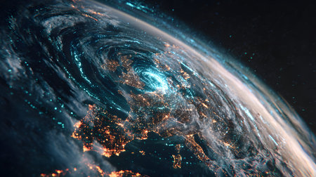 A futuristic satellite collecting climate data from Earth with glowing interface overlays. Perfect...