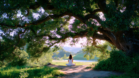 A peaceful moment of a person sitting quietly under a large tree with no devices, embracing nature....