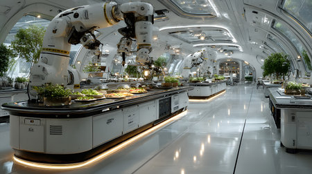 A modern AI-powered kitchen with robotic arms preparing meals in a clean and futuristic space. Ideal for smart home, kitchen tech, and lifestyle content.の写真素材