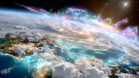 A futuristic satellite collecting climate data from Earth with glowing interface overlays. Perfect...