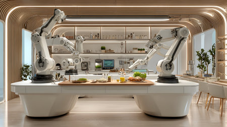 A modern AI-powered kitchen with robotic arms preparing meals in a clean and futuristic space. Ideal for smart home, kitchen tech, and lifestyle content.の写真素材