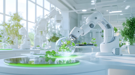 A modern AI-powered kitchen with robotic arms preparing meals in a clean and futuristic space. Ideal for smart home, kitchen tech, and lifestyle content.の写真素材