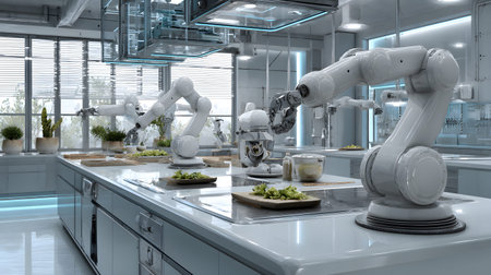 A modern AI-powered kitchen with robotic arms preparing meals in a clean and futuristic space. Ideal...