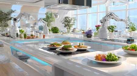 A modern AI-powered kitchen with robotic arms preparing meals in a clean and futuristic space. Ideal for smart home, kitchen tech, and lifestyle content.の写真素材