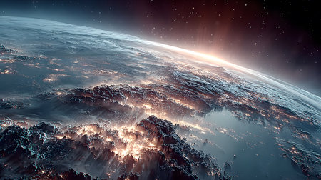 A futuristic satellite collecting climate data from Earth with glowing interface overlays. Perfect for science, tech, and environmental awareness content.の写真素材