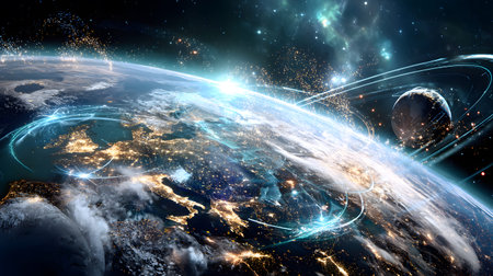 A futuristic satellite collecting climate data from Earth with glowing interface overlays. Perfect...