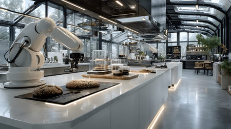 A modern AI-powered kitchen with robotic arms preparing meals in a clean and futuristic space. Ideal...