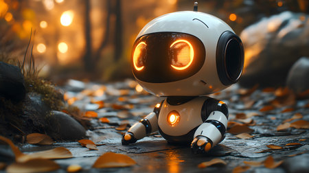 An adorable AI robot pet playing joyfully with a child inside a futuristic yet cozy home. Perfect for tech, toy, and AI product concepts.の写真素材