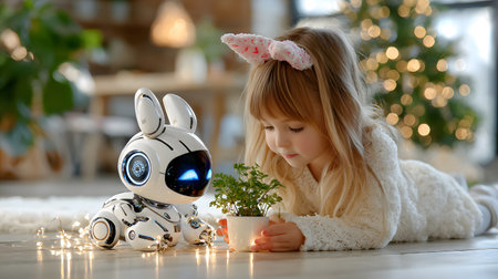 An adorable AI robot pet playing joyfully with a child inside a futuristic yet cozy home. Perfect for tech, toy, and AI product concepts.の写真素材