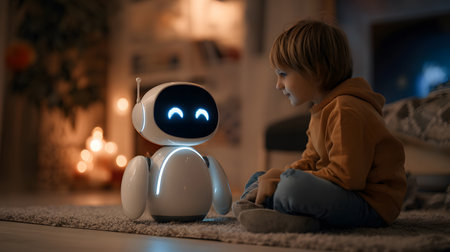 An adorable AI robot pet playing joyfully with a child inside a futuristic yet cozy home. Perfect for tech, toy, and AI product concepts.の写真素材