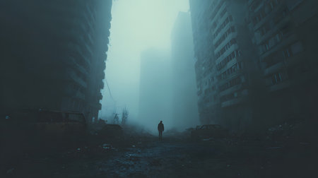 A lone survivor moves through a foggy, ruined city after an apocalyptic event. Great for storytelling, game design, and dramatic art.の写真素材