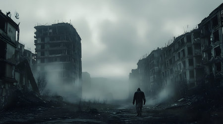 A lone survivor moves through a foggy, ruined city after an apocalyptic event. Great for storytelling, game design, and dramatic art.の写真素材