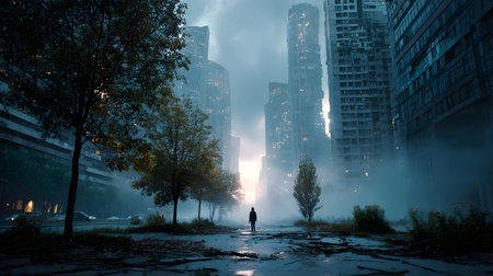 A lone survivor moves through a foggy, ruined city after an apocalyptic event. Great for...