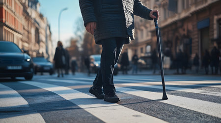 A visually impaired person confidently walking in the city with a smart AI cane. Ideal for inclusive tech, accessibility, and social equality themes.の写真素材