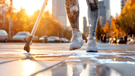 A visually impaired person confidently walking in the city with a smart AI cane. Ideal for inclusive tech, accessibility, and social equality themes.の写真素材