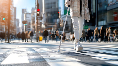 A visually impaired person confidently walking in the city with a smart AI cane. Ideal for inclusive tech, accessibility, and social equality themes.の写真素材