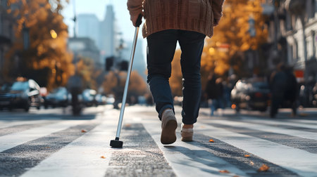 A visually impaired person confidently walking in the city with a smart AI cane. Ideal for inclusive tech, accessibility, and social equality themes.の写真素材