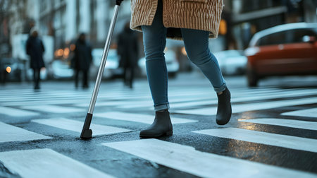 A visually impaired person confidently walking in the city with a smart AI cane. Ideal for inclusive tech, accessibility, and social equality themes.の写真素材