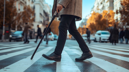 A visually impaired person confidently walking in the city with a smart AI cane. Ideal for inclusive tech, accessibility, and social equality themes.の写真素材